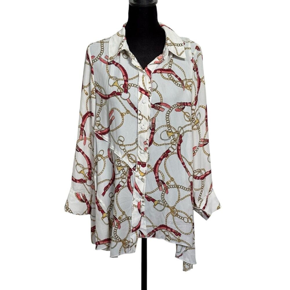 Feratelli‎ Artful Long Flowy Button Up Medium Buckle Chain Print HAS FLAWS READ